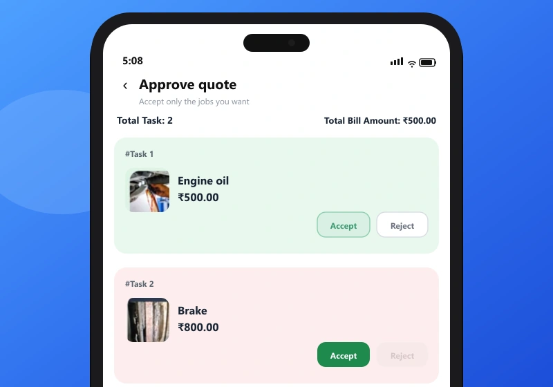 Relatim app on a phone asking you to accept or reject each quoted job before work starts