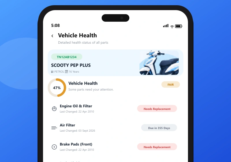 Relatim app on a phone showing vehicle health at 47 percent, with oil, filter and brake items due