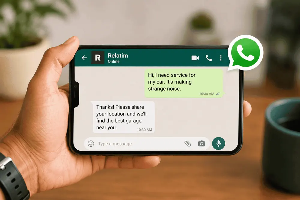 Phone sharing a live location for roadside assistance on WhatsApp
